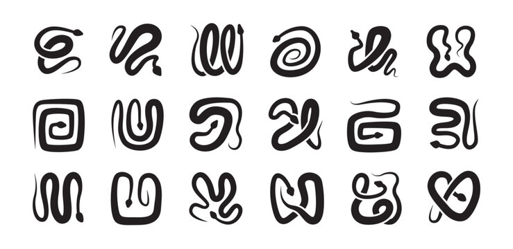 Set of snake vector silhouettes isolated on white background. Square tiles with snakes in different poses. Modern reptile illustration