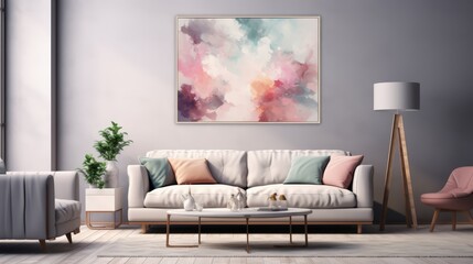 Modern living room interior with a white sofa, pink armchair, and a painting on the wall.