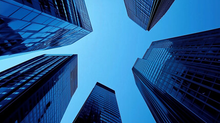 Low-Angle View of Blue-Tinted Tall Office Buildings
