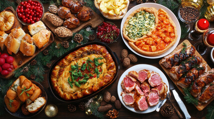A selection of dishes arranged on the table, ready for family and friends’ gatherings on New Year's Eve. Various food preparation ideas for festive parties during the holiday season.
