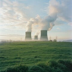 A power plant's cooling towers emit thick white smoke into a serene morning sky, juxtaposed with the calm, green fields extending to the horizon.
