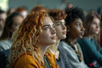 Obraz premium A group of women are sitting in a room, one of them has red hair. Scene is one of unity and togetherness