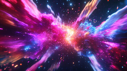 Abstract background with neon glow colors, depicting an explosion in the universe. Ideal for events, parties, and celebrations, illustrating the speed of light in a galaxy.