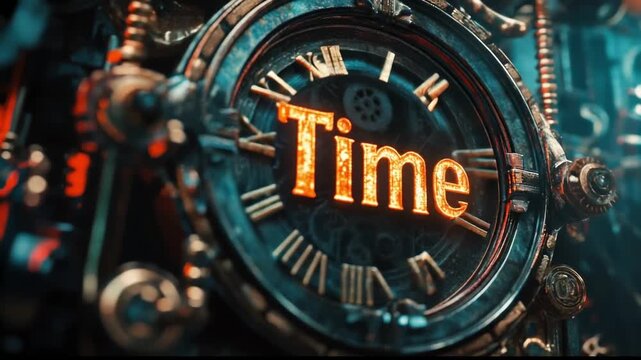 Glowing orange "Time" text surrounded by intricate clockwork in vintage metal tones, creating a captivating steampunk style concept with a blend of elegance and industrial aesthetics.