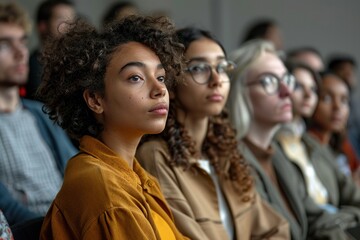 Fototapeta premium A group of people are sitting in a room, one woman is looking at the camera. Scene is one of anticipation or curiosity