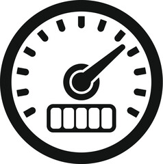 Simple icon of a speedometer with the needle pointing to the right, indicating increasing speed, and a full battery icon
