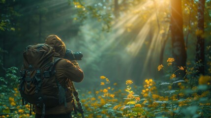 Nature Photography: A photographer capturing the beauty of a forest with sunlight filtering through the trees, highlighting the natural wonder and tranquility of the scene.