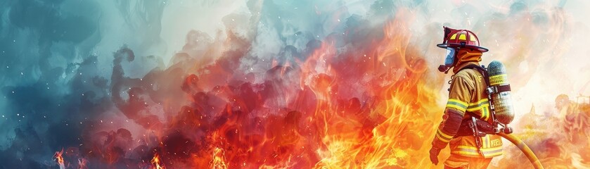 Fototapeta premium Brave Adult Firefighter Fighting Blaze with Determination in Watercolor Style, Dramatic Flames and Smoke