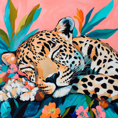 Schlafender Leopard im Blumenmeer