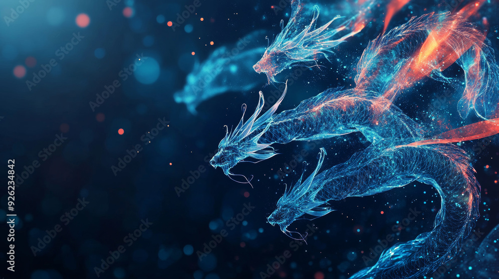 Poster abstract depiction of flying dragons on a dark blue background. suitable for a technological theme r