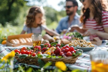 A family is enjoying a picnic in the park, with a basket full of fresh fruits