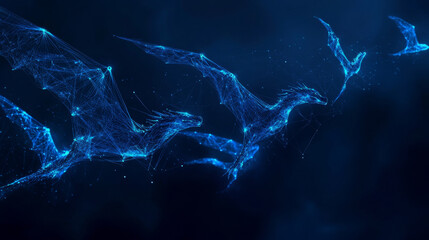 Abstract depiction of flying dragons on a dark blue background. Suitable for a technological theme related to artificial intelligence, neural networks, and big data, with ample copy space.