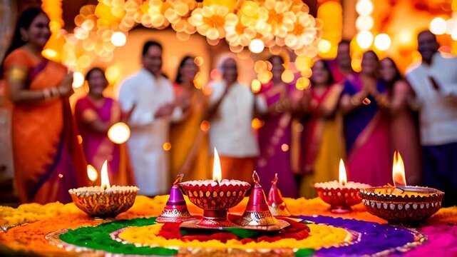 Diwali celebration, beautifully lit oil lamps diyas surrounded by colorful rangoli designs. In the background, people dressed in traditional Indian attire are joyfully participating