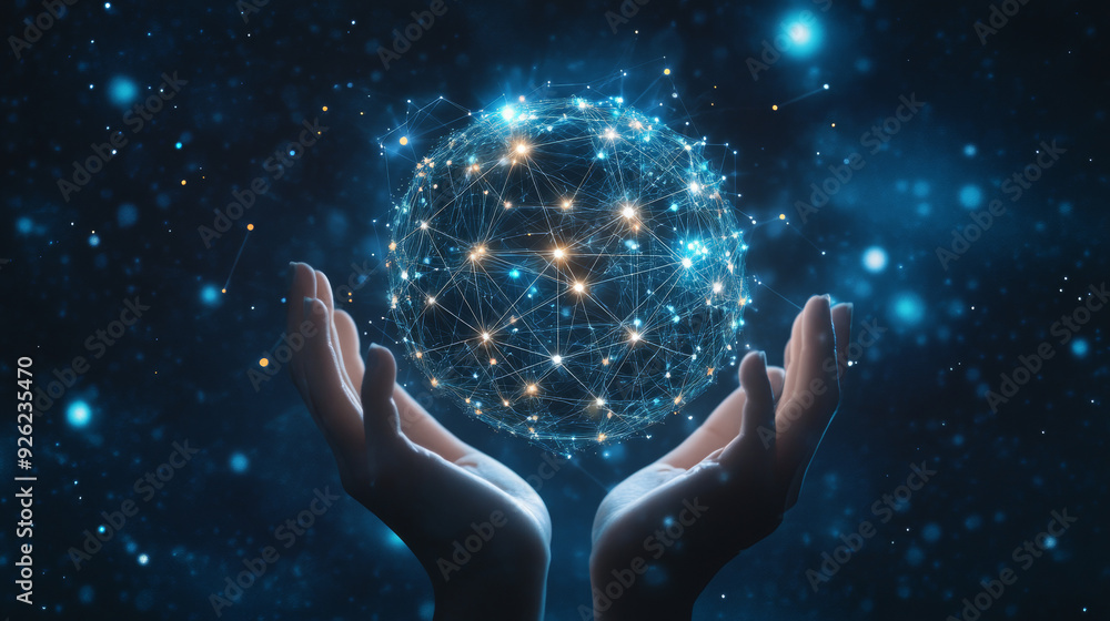 Aufkleber abstract science concept featuring a global network connection represented by a circle, with hands h