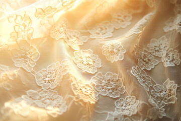 A detailed close-up of intricate white lace fabric featuring delicate floral patterns, showcasing the texture and elegance of the material.
