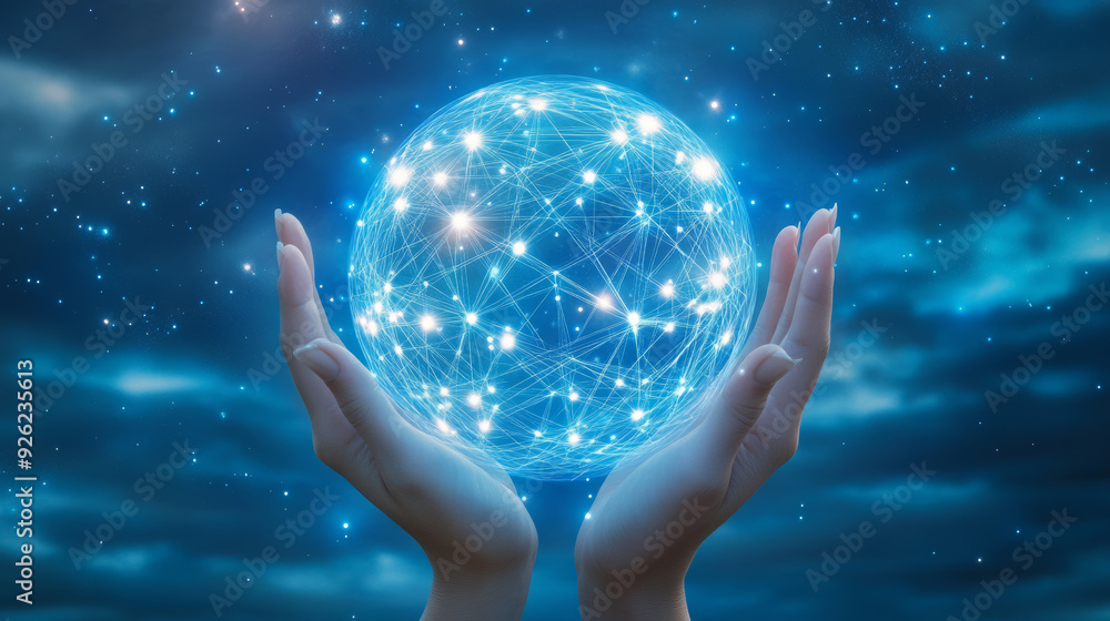 Poster abstract science concept featuring a global network connection represented by a circle, with hands h