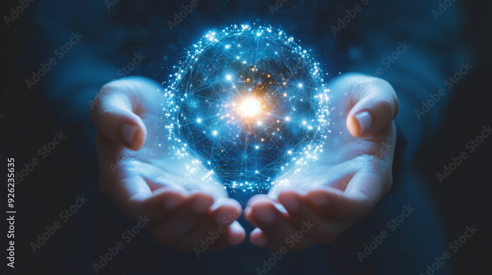 Aufkleber abstract science concept featuring a global network connection represented by a circle, with hands h
