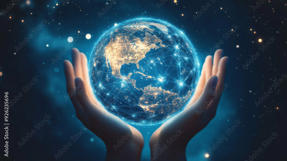 Poster abstract science concept featuring a global network connection represented by a circle, with hands h
