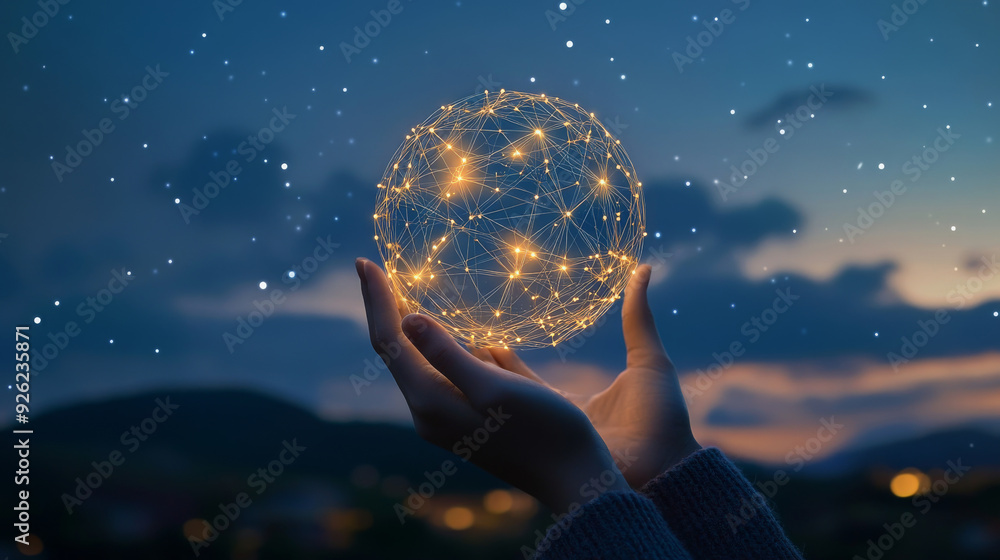 Wall mural abstract science concept featuring a global network connection represented by a circle, with hands h