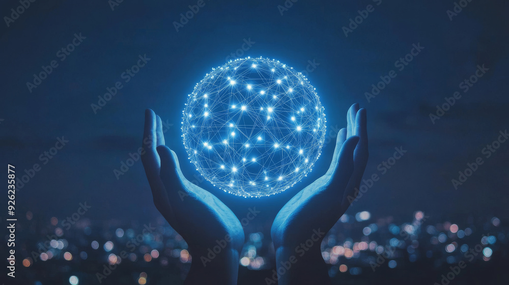Poster abstract science concept featuring a global network connection represented by a circle, with hands h