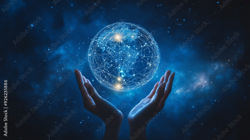 Aufkleber abstract science concept featuring a global network connection represented by a circle, with hands h