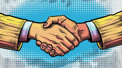 A colorful pop art depiction of a handshake symbolizing agreement, cooperation, and partnership in...