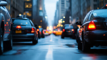 A busy urban street filled with cars and buses in a traffic jam during golden hour, highlighting the challenges of city commuting.
