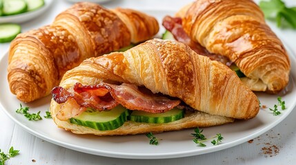 Documentary Style Image of a Croissant Sandwich with Bacon and Cucumbers on a Plate Against a White Background