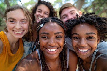 Fototapeta premium A group of young people are smiling and posing for a picture. Scene is happy and friendly