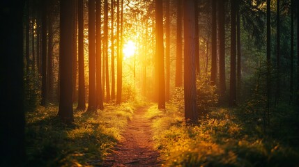 Obraz premium Sunlit forest path symbolizing peace, rejuvenation, and the healing power of nature.