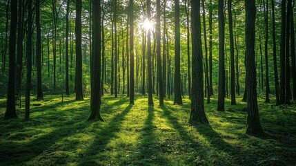 Obraz premium Sunlight filtering through tall trees in a lush forest, symbolizing tranquility, inner peace, and happiness derived from nature.