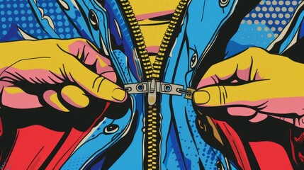 A vibrant close-up of hands pulling a zipper, showcasing the dynamic colors and textures of a stylish jacket.