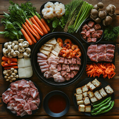 Hot pot with fresh ingredients and seafood arranged on a wooden table during a communal dining experience