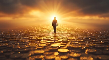 A person confidently walking across a bridge made of gold coins, with bright light in the distance. The image represents the transition to financial independence and the pursuit of wealth, with a