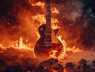 Fototapeta premium Flaming Electric Guitar on Fiery Concert Stage with Energetic Lighting Effects
