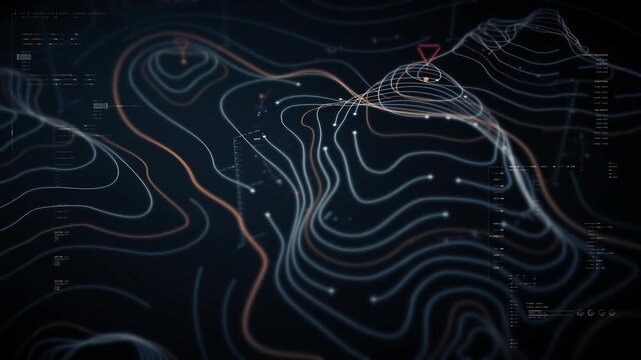Futuristic holographic terrain topology head-up screen display, offering advanced tactical navigation and real-time environmental data