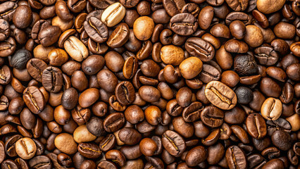 Fototapeta premium Different types of coffee beans spread out, highlighting their colors and shapes against a dark wooden background under soft natural light