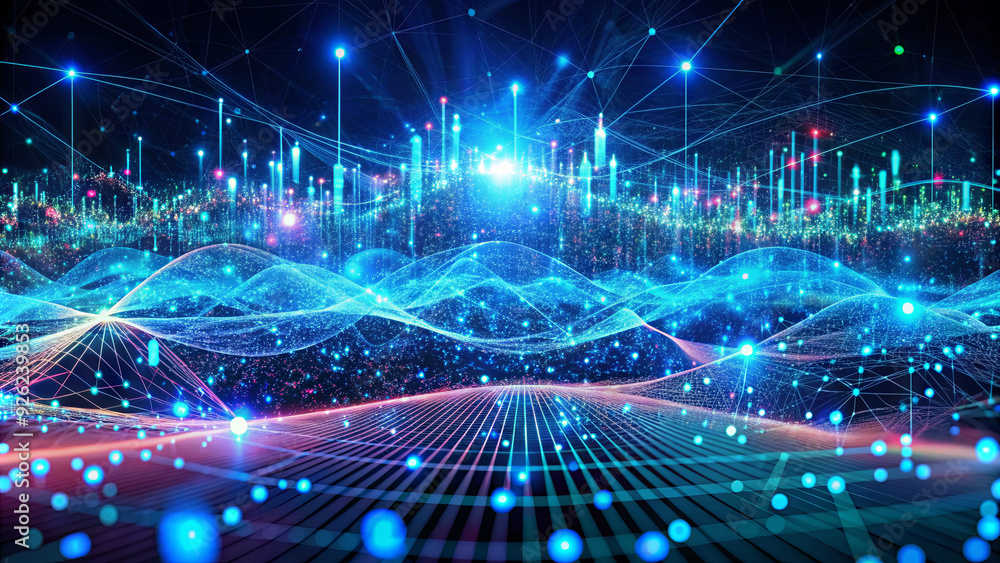 Poster a vibrant display of digital waves and light particles creates an abstract representation of data an