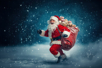 Happy Santa Claus carrying bag with presents on the run to delivery Christmas gifts, winter snowing snowflakes © Marcos