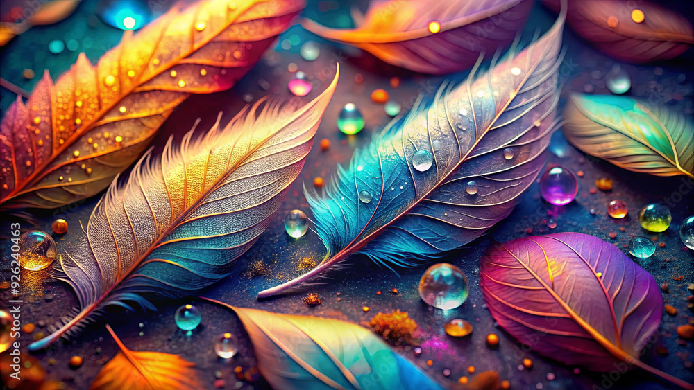 Aufkleber Colorful feathers in vibrant hues are adorned with water droplets, placed on a dark textured surface, creating a striking visual display