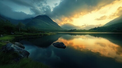 Tranquil Lake at Sunset in Mountain Valley - A calm lake reflects the vibrant sunset amidst towering mountains, creating a serene and picturesque landscape.