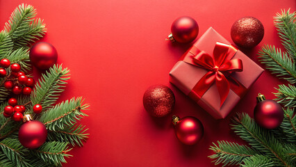 A red gift box with a ribbon sits among holiday ornaments and greenery against a vibrant red background, evoking a cheerful festive atmosphere