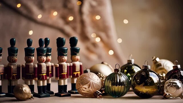 collection of traditional wooden nutcrackers and Christmas baubles on a rustic wooden surface Christmas retro vintage background