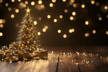 Merry Christmas and realistic background with 3d Christmas tree and gifts, layout with copy space