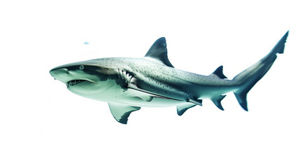 Obraz premium A shark with dark spots on its body swimming underwater against a white background, showcasing its powerful and graceful form