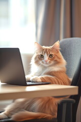 Cat using laptop sitting by the desk on the chair at home office, humanized pets, domestic animals