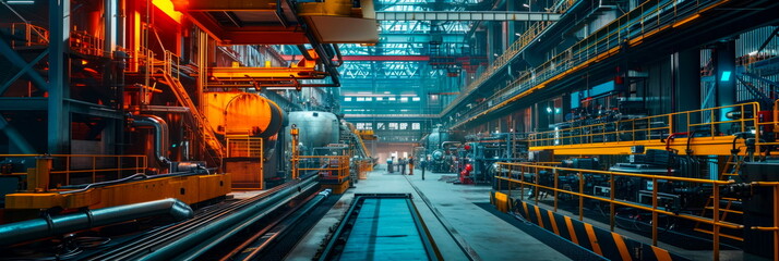 Fototapeta premium industrial interior with heavy machinery, conveyors and workers working on a production line. Generative AI