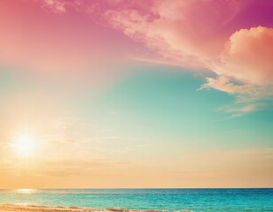 Fototapeta premium The sun sets gently over a calm ocean, casting warm pastel hues across the horizon as clouds float peacefully above the water