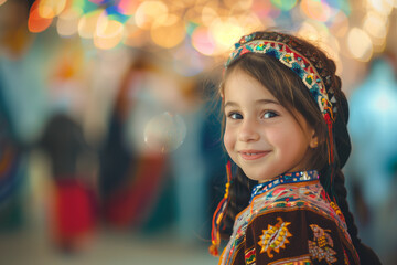 Fototapeta premium A happy little girl wearing traditional clothes. Cute child with a headdress in front of glowing party lights.