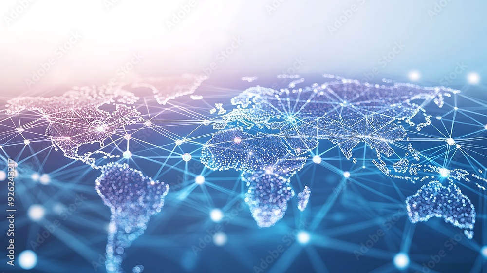 Poster global connectivity: a digital map highlighting the interconnected world through network lines and d